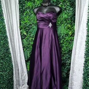 Alfred Angelo Dress 12 Purple Strapless Satin Gown Rhinestone Brooch Formal